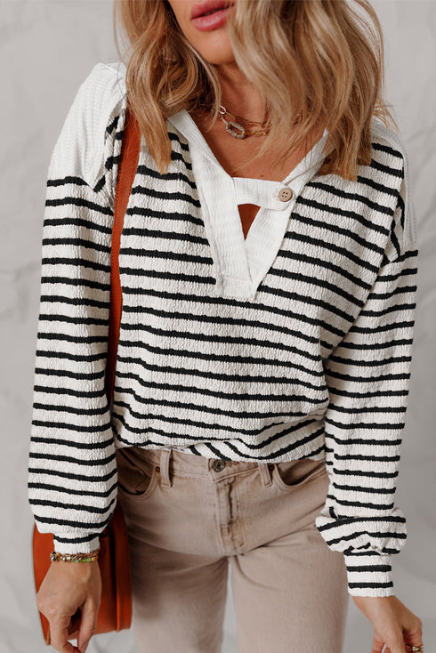 Textured Stripe Notched Button Tab V Neck Drop Shoulder Long Sleeve Top